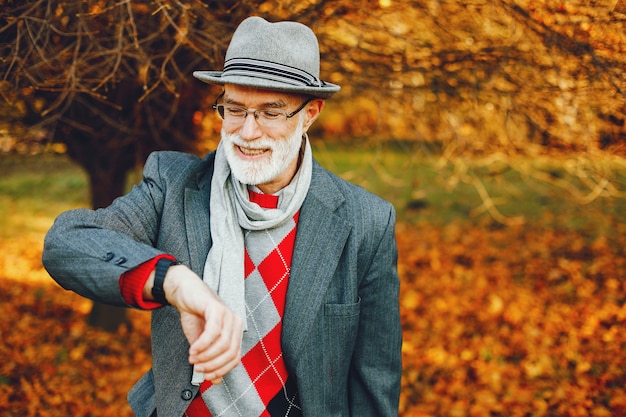 Vieil homme élégant dans un parc d&#39;automne ensoleillé