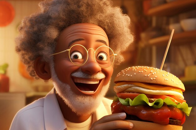 Un vieil homme avec un hamburger.
