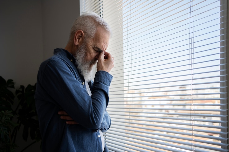Photo gratuit un vieil homme triste à la maison.