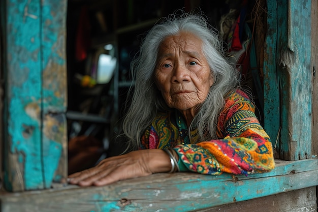 Vieille femme asiatique à côté de la fenêtre