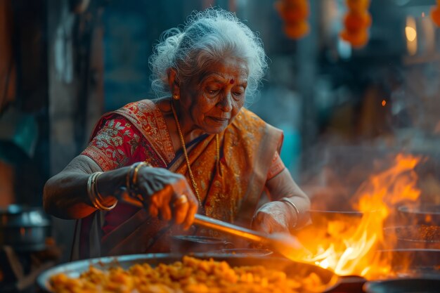 Vieille femme à coup moyen célébrant le nouvel an tamoul