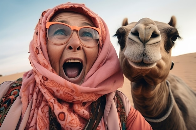 Photo gratuite une vieille femme drôle avec un chameau.