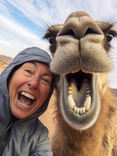 Une vieille femme drôle avec un chameau.