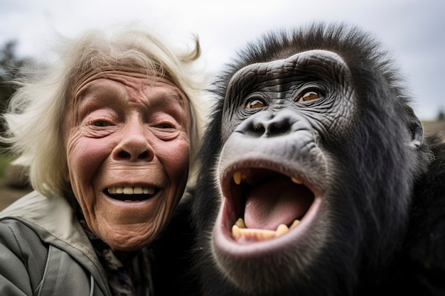 Photo gratuite une vieille femme drôle avec un singe.