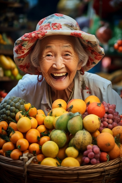 Photo gratuite une vieille femme de taille moyenne posant avec des fruits.