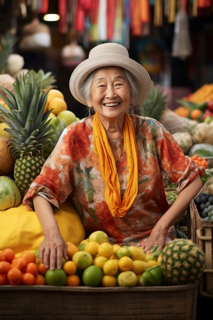 Une vieille femme de taille moyenne posant avec des fruits.