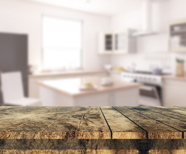 Vieille table en bois 3D donnant sur un intérieur de cuisine défocalisé