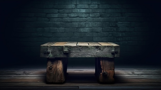 Photo gratuite vieille table en bois avec un mur de blocs de béton flou dans le fond de la pièce sombre