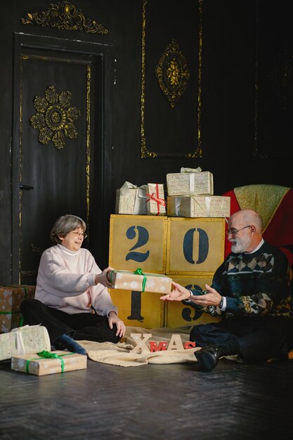 Un vieux couple élégant fête Noël