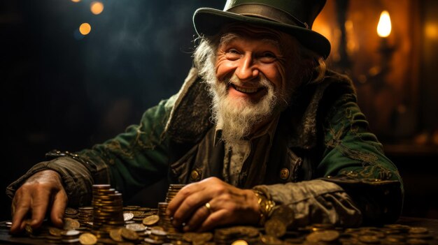 Le vieux leprechaun qui rit compte ses pièces d'or la carte de la Saint-Patrick et de l'Irlande