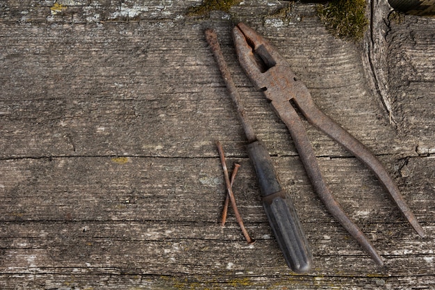 Vieux outils rouillés sur un espace en bois avec de la mousse