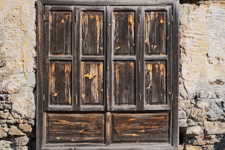 Photo gratuit vieux volets en bois sur le mur de la maison le concept de fond et de décor tourisme et voyage