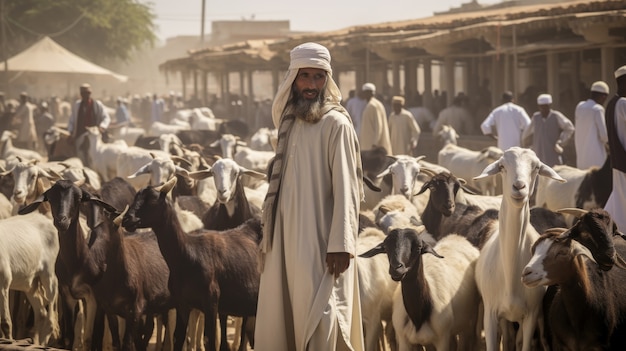 Photo gratuite view of photorealistic muslim people with animals prepared for the eid al-adha offering