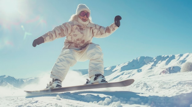 Photo gratuite view of woman snowboarding with pastel shades and dreamy landscape