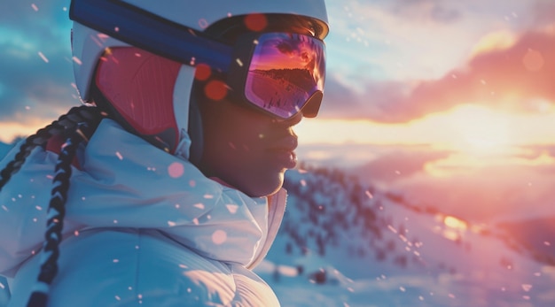 Photo gratuite view of woman snowboarding with pastel shades and dreamy landscape