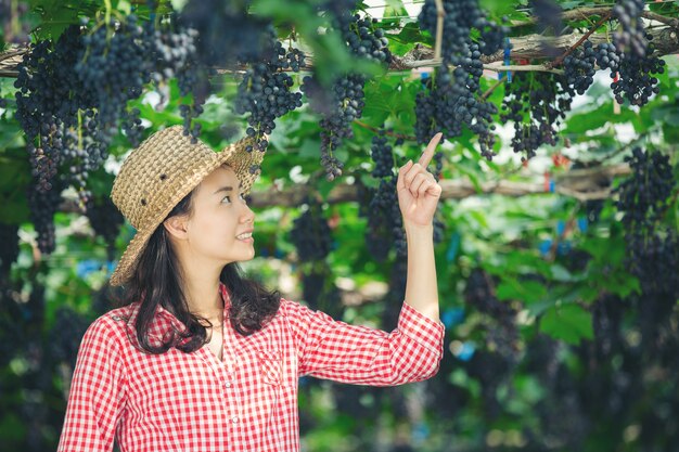 Les vignerons qui sourient et profitent de la récolte.