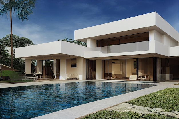 Photo gratuite villa de luxe avec piscine design contemporain spectaculaire art numérique immobilier maison maison et propriété ge