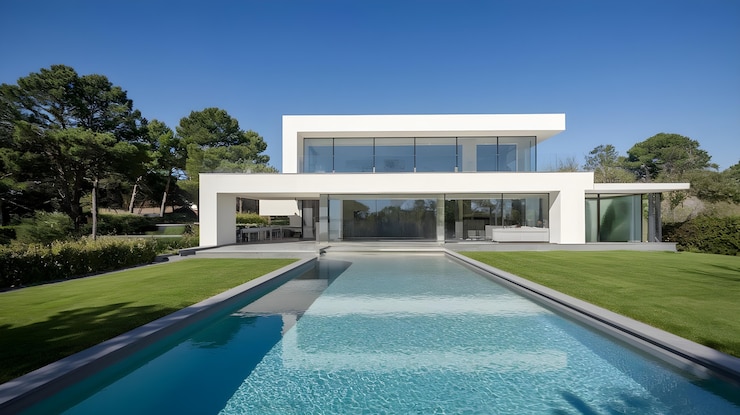 Photo gratuit villa moderne avec piscine et aménagement paysager