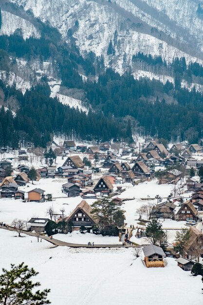 Village de neige à Shirakawago, Japon