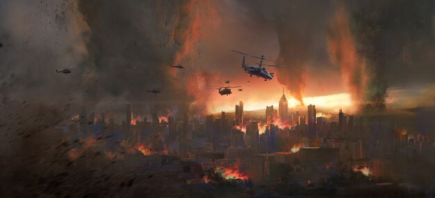 Ville dans une tornade, illustration de la scène apocalyptique.