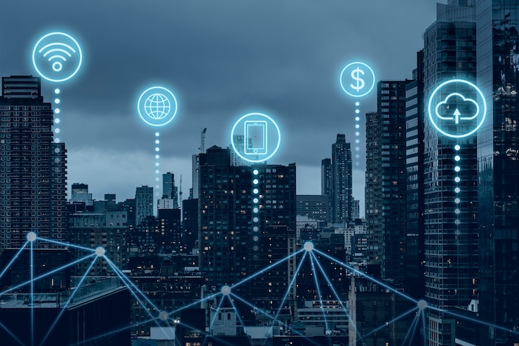 Photo gratuit ville intelligente futuriste avec une technologie de réseau mondial 5g