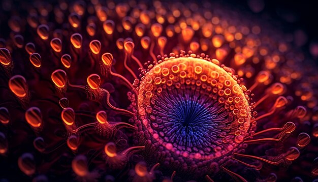 Virus de la bactérie et cellule cancéreuse agrandie abstraitement générée par l'IA