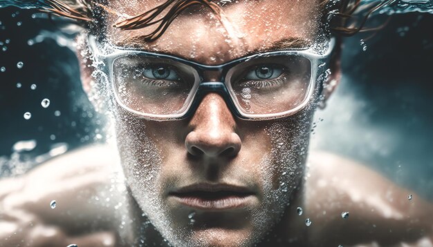 Le visage d'un homme à lunettes sous l'eau générative Al