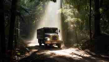 Photo gratuite vitesses de camion hors route à travers la forêt livrant des équipements générés par l'ia
