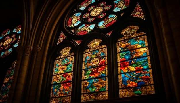 Photo gratuite un vitrail illumine une ancienne chapelle gothique générée par l'ia