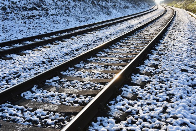 Voies ferrées. Belle prise de vue et concept pour le transport, le train, les voyages et les voyages au coucher du soleil.