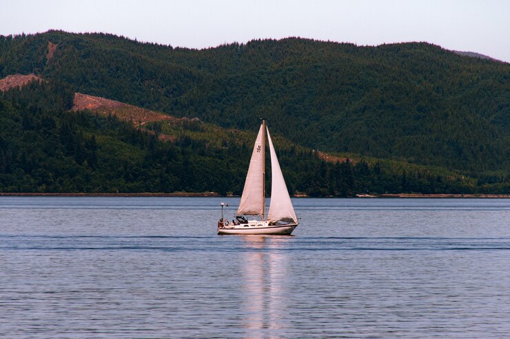 Photo gratuit voilier naviguant dans une belle rivière avec une forêt sur une colline escarpée