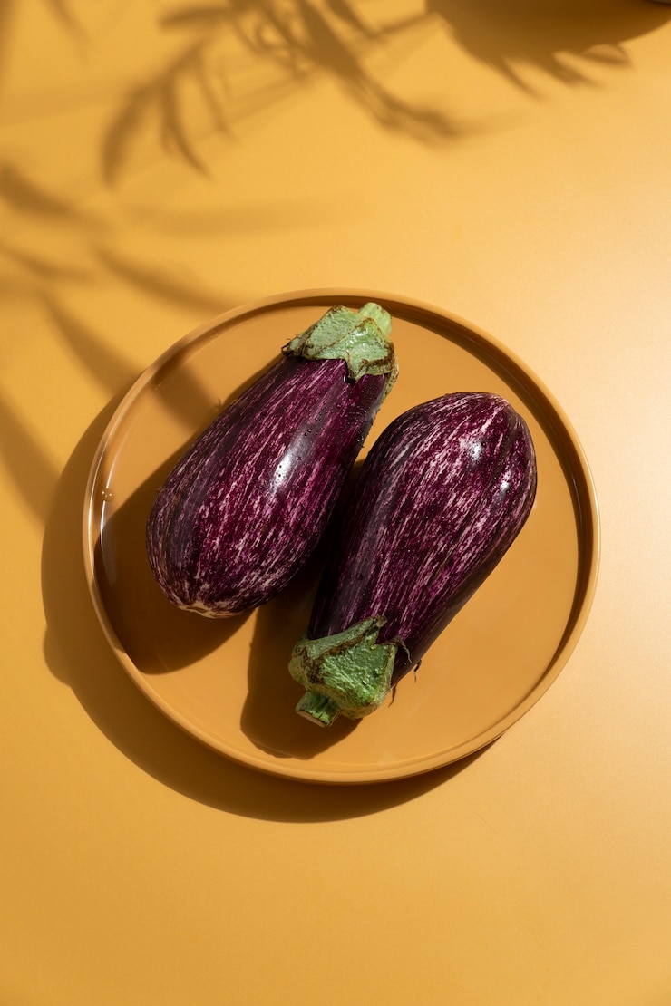Photo gratuit voir ci-dessus aubergines crues still life