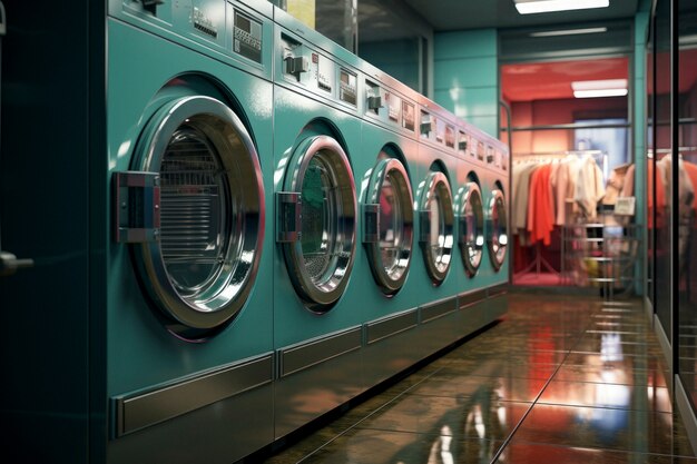 Voir à l'intérieur d'une salle de lessive avec décor vintage et machines à laver