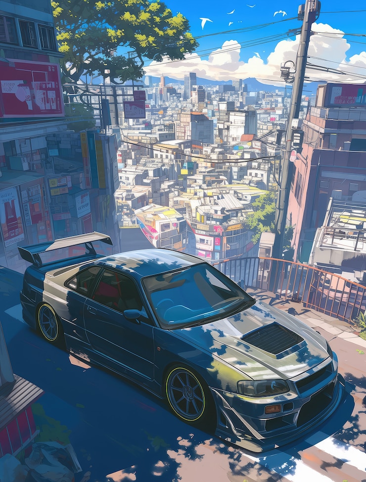 Photo gratuit voiture d'anime dans la ville