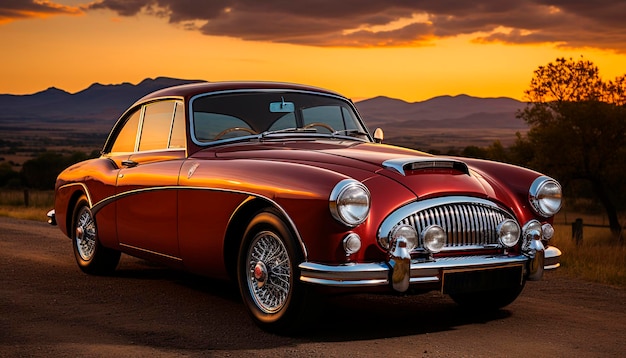 Photo gratuite voiture chromée à l'ancienne, élégance vintage, traversant un paysage rural au coucher du soleil généré par l'intelligence artificielle