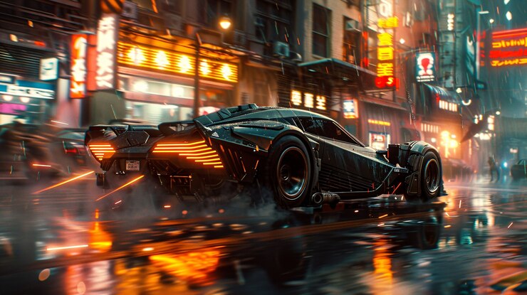 Photo gratuit la voiture conceptuelle batmobile avec des lumières au néon