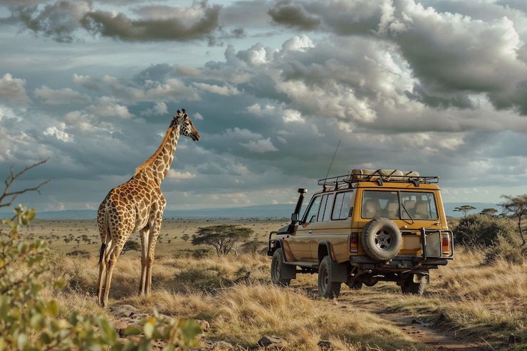 Photo gratuit une voiture de croisement dans une scène de safari