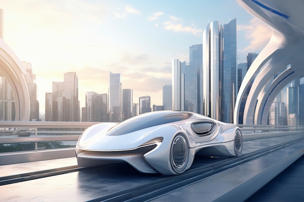 Une voiture moderne sur une route futuriste