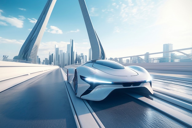 Une voiture moderne sur une route futuriste