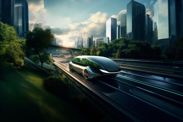 Une voiture moderne sur une route futuriste