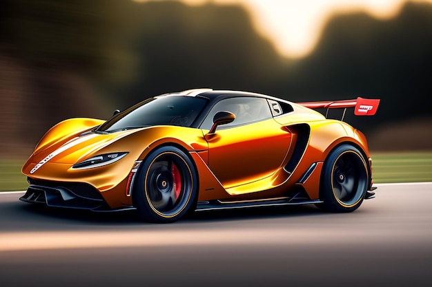 Une voiture or et orange avec le mot lotus sur le côté.