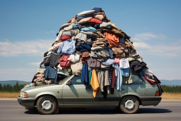 Voiture avec une pile de vêtements dessus