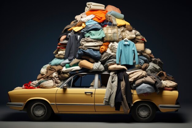 Voiture avec une pile de vêtements dessus