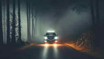 Photo gratuite la voiture roule sur la route la nuit dans la forêt