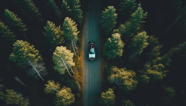 La voiture roule sur la route parmi la vue de dessus de la forêt