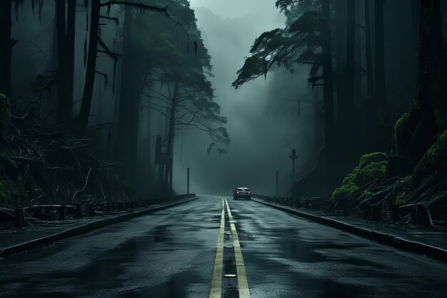 Voiture sur une route vide dans une atmosphère sombre