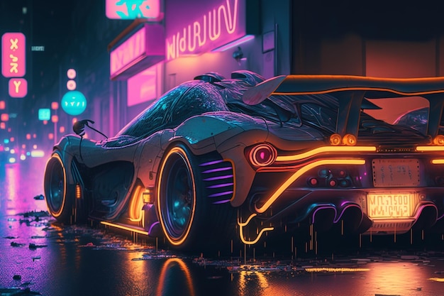 Voiture supersport à cyberpunk city avec néons générative ai