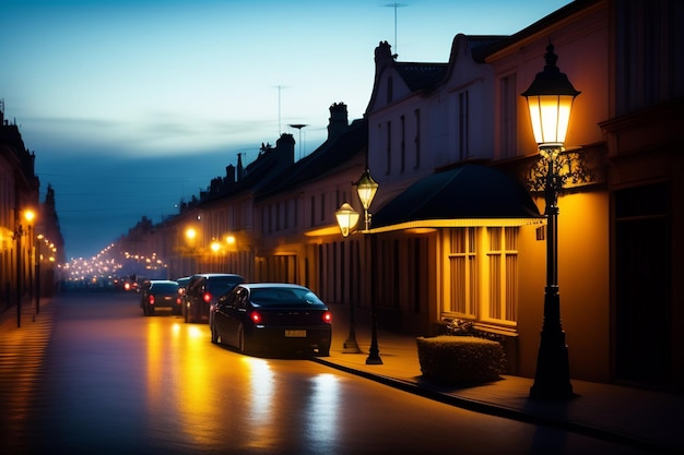 Photo gratuite voitures garées dans une rue la nuit avec un réverbère sur le côté gauche.