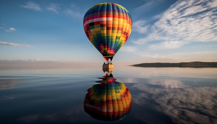Photo gratuit voler haut dans une montgolfière multicolore générée par l'ia