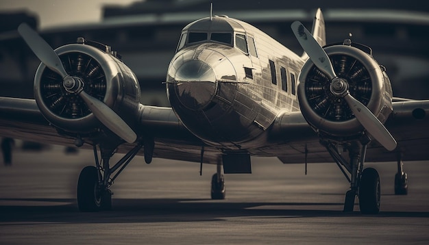 Photo gratuite voler l'histoire en noir et blanc du moteur à hélice d'un avion de chasse militaire générée par l'ia